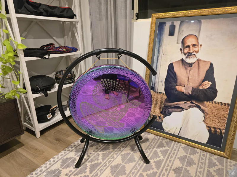 The Whale Song Gong on its stand.